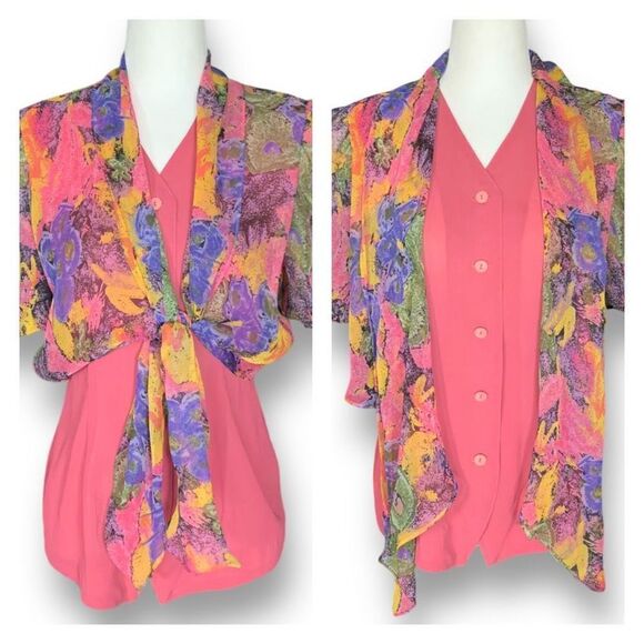 Vintage Jolly King Blouse Pink Button Front Sheer Abstract Art Scarf Overlay - Picture 1 of 12
